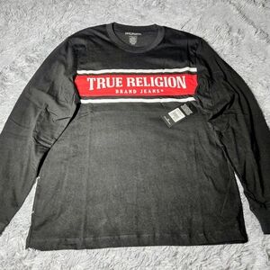 True Religion Men's Long Sleeve Black and Red Tee